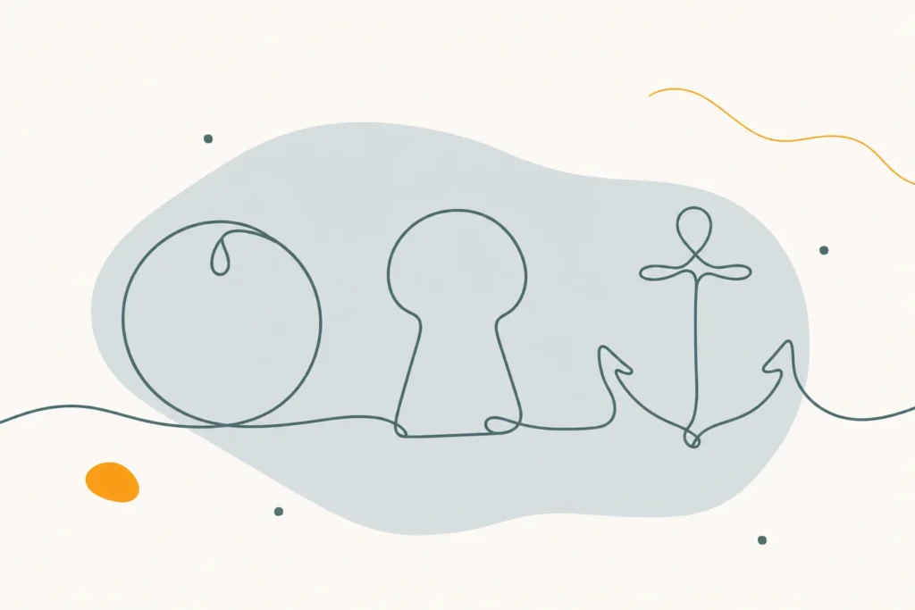 Minimalist line illustration of three abstract shapes drawn in single unbroken lines.