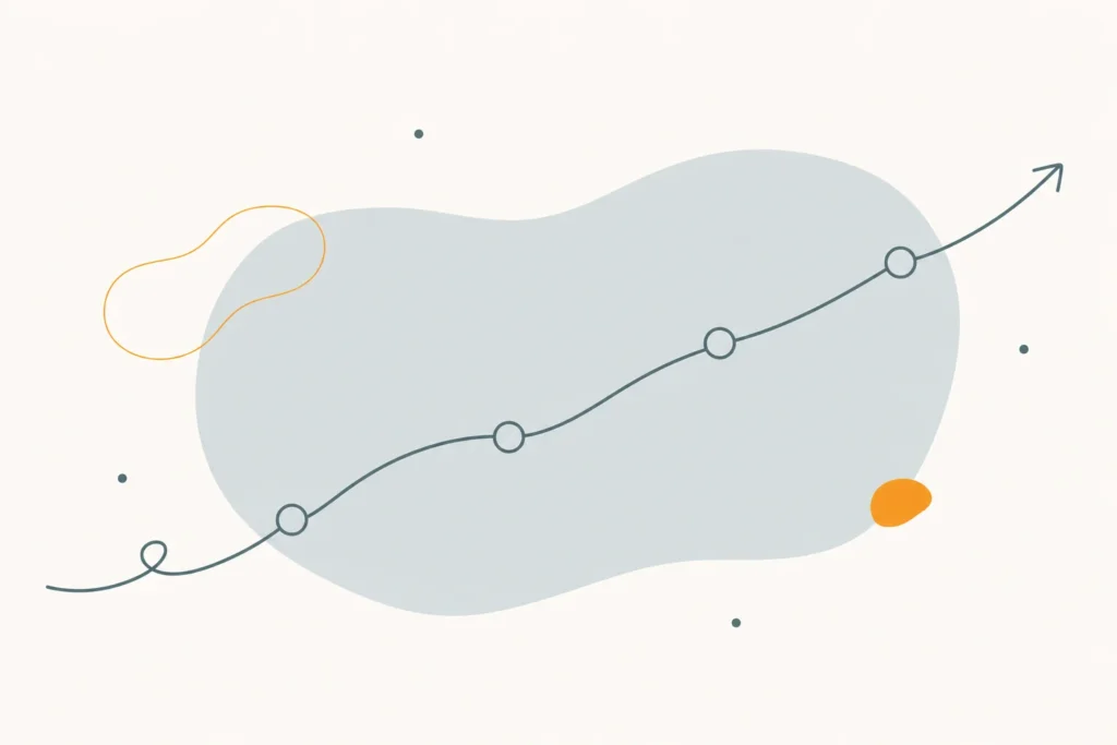 Minimalist line illustration of an ascending curve with milestone dots along it.