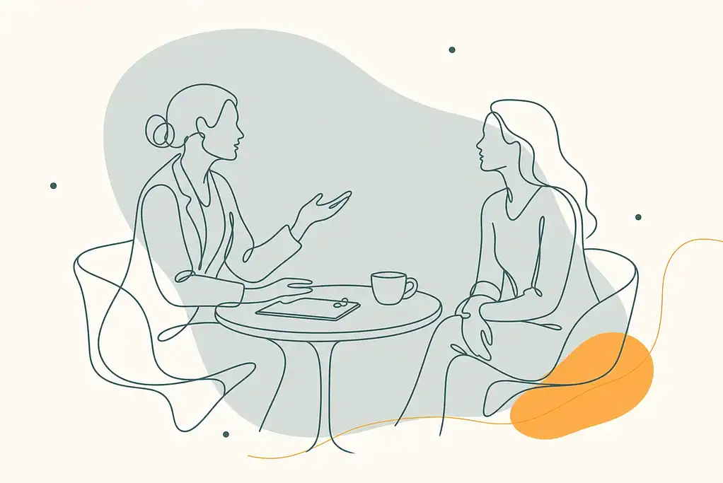 Line illustration of a patient and cosmetic doctor in conversation at a consultation