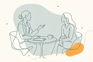 Line illustration of a patient and cosmetic doctor in conversation at a consultation