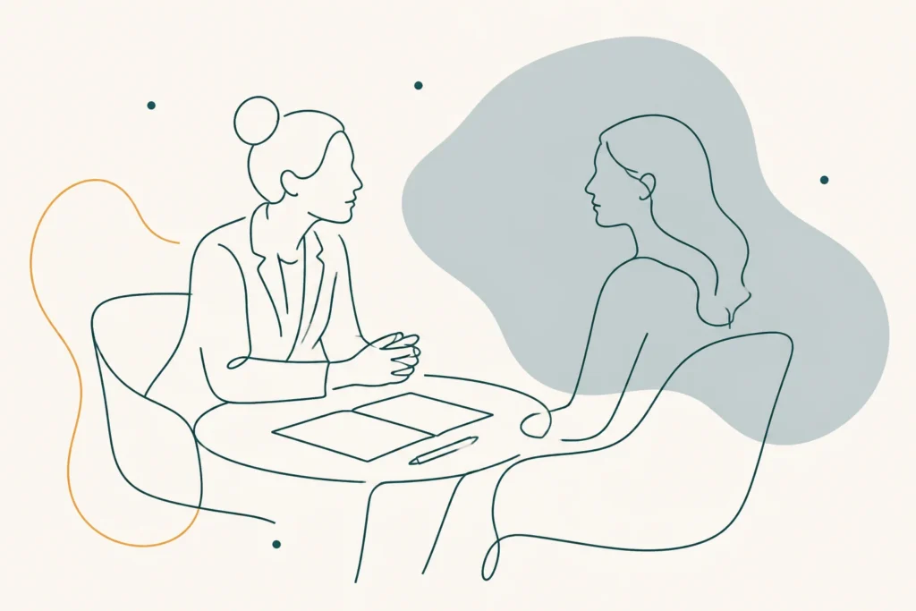 Line illustration of two people seated at a table with an open folder and pen between them, during a consultation