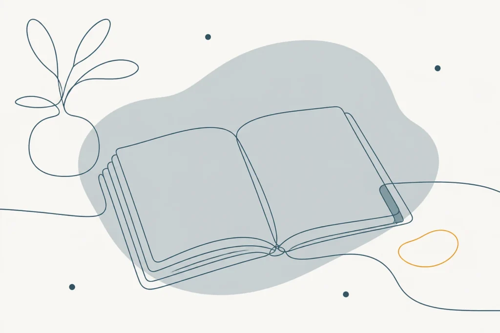 Minimalist line illustration of an open appointment diary with a sage tab.